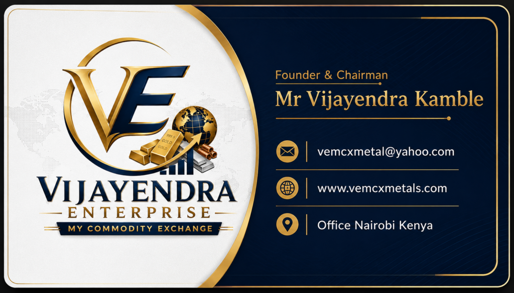 Vijayendra Enterprises – Precious Metals and Precious Stones Trading Company business card with company logo and contact information.