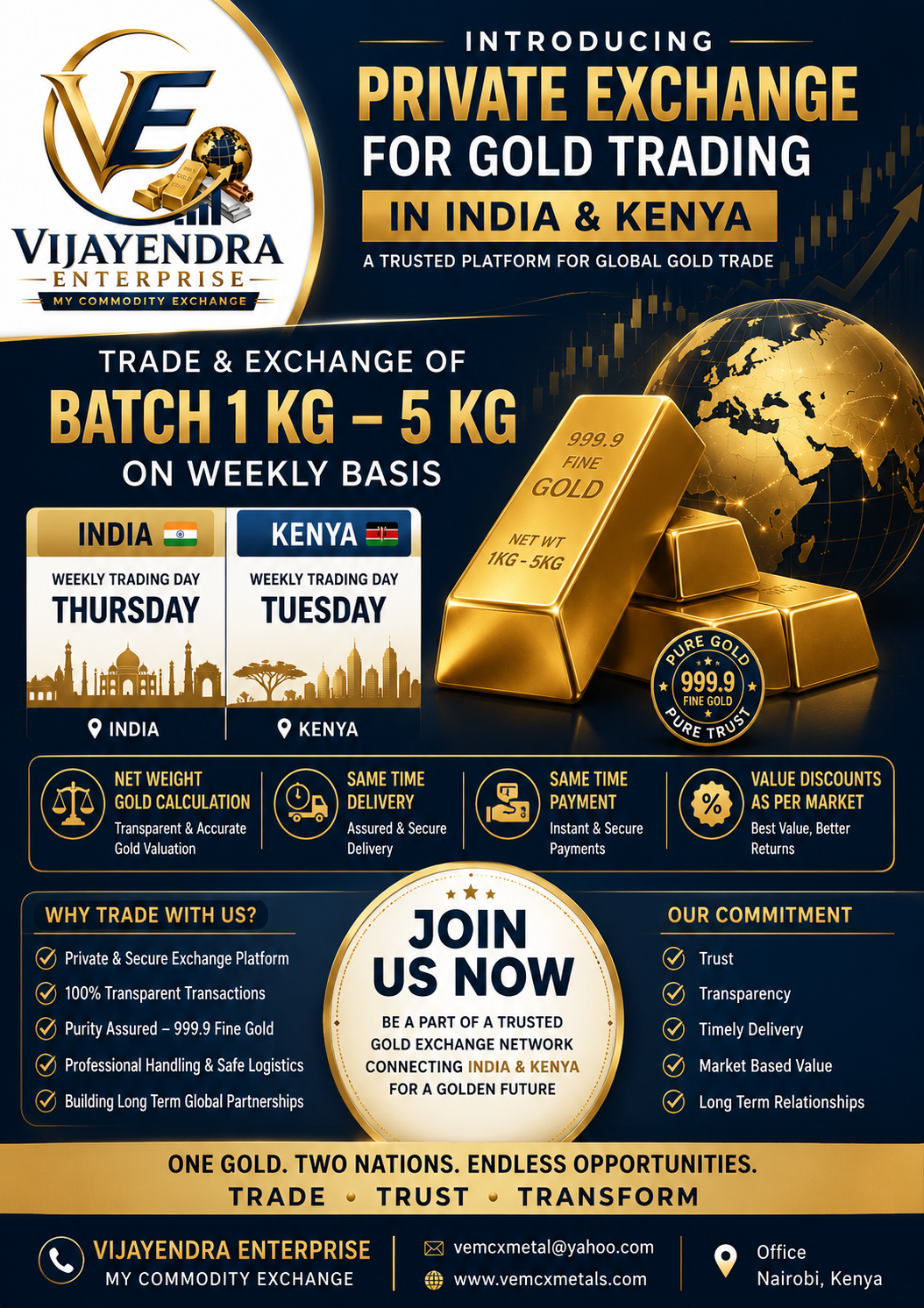 Vijayendra Enterprises private gold exchange advertisement for India and Kenya featuring 1 kg and 5 kg gold bullion trading services.